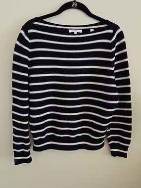 Vince Navy Blue & White Striped Boatneck Sweater